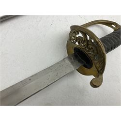 Reproduction American Civil War Cavalry trooper's sword, the 88cm slightly curving fullered steel blade marked to the ricasso 'Ames & Co Chicopee Mass.' and 'US ADK 1862'; brass hilt and leather covered grip; in steel scabbard L110cm overall;  and another reproduction sword (2)