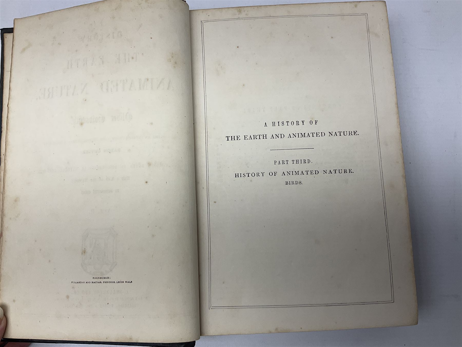 Goldsmith, Oliver; A History of the Earth and Animated Nature, 2 volumes, pub. Fullarton, Edinburgh and London, illustrated with coloured plates, cloth and leather bound with marbled edges (2)