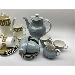 Royal Doulton Forest Glade pattern tea set, comprising teapot, milk jug, open sucrier, six cups and saucers, together with a Wedgwood Susie Cooper tea set, with Greek key decoration, comprising coffee pot, six cups and five saucers, open sucrier and milk jug.