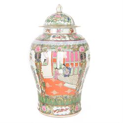 Chinese Canton famille rose vase and cover, of baluster form decorated with figural and floral scenes, within a gilt border, H50cm 