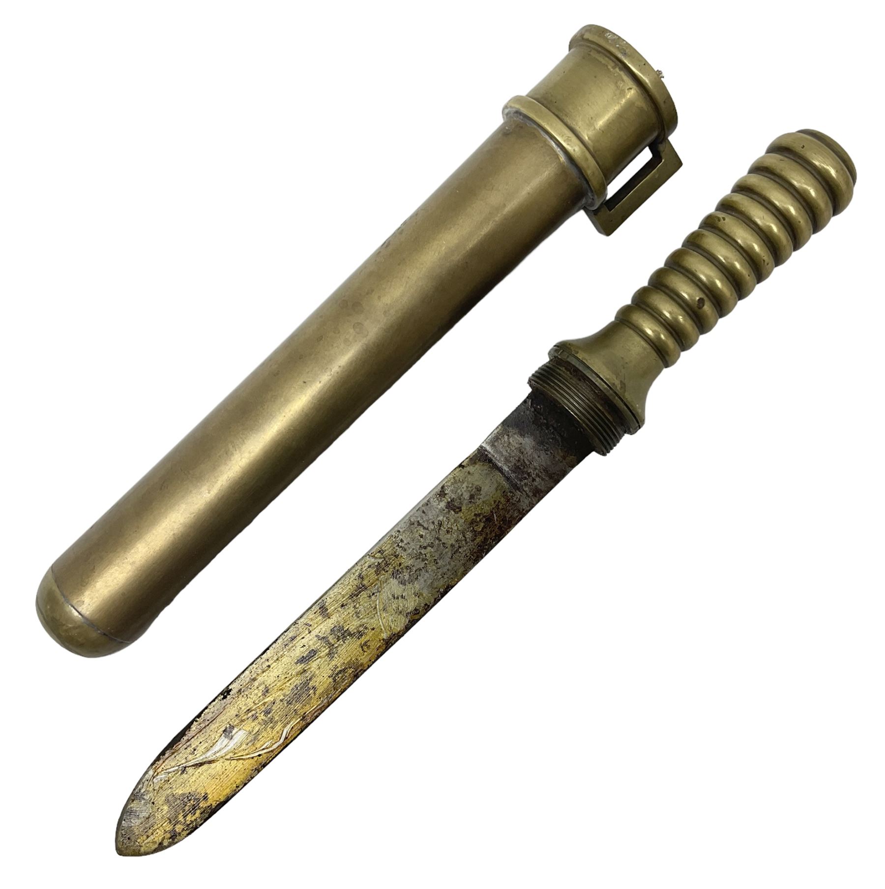 French Naval divers brass handled knife, the 20.5cm single edged steel blade held in place with wooden wedges, tapering ribbed grip with domed pommel and original screw-on scabbard with drain hole L38cm overall