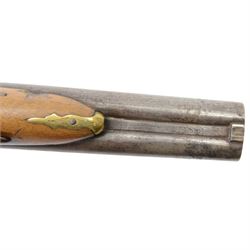 19th century double-barrelled percussion pistol the side by side barrels engraved with Arabic script, engraved with floral motifs, chequered wooden grip with engraved brass butt cap, L37CM