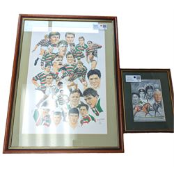 Limited edition Rugby print, signed Tony Booker 50/500, together with a Farewell Lester horse racing related print, both framed, tallest frame H60cm