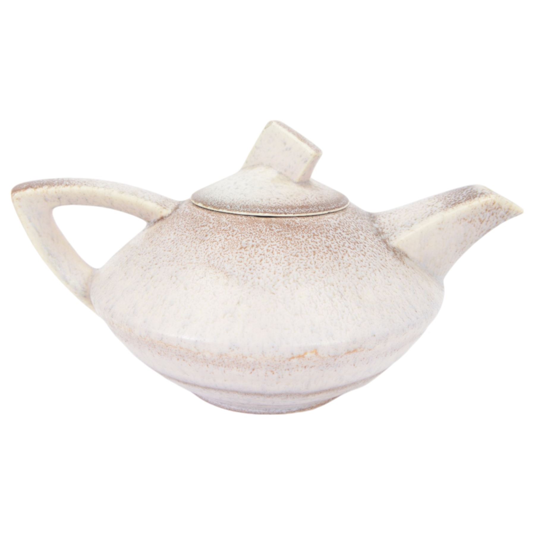 German Art Deco Carstens Uffrecht tea service for four, comprising teapot, coffee pot, milk jug, covered sugar bowl, four teacups and saucers and two small plates, each with pink mottled decoration, two pieces marked to base DEK 256
