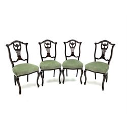 Set four Edwardian mahogany chairs, carved cresting rail, pierced splat, upholstered in light green fabric, cabriole supports 
