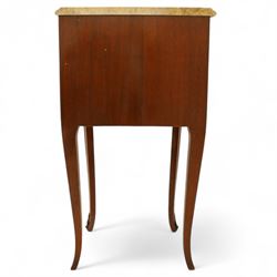 Pair of Louis XV style kingwood and marquetry bedside cabinets, the serpentine sienna marble top above two bombe fronted drawers with rococo style bronze handles and masks on slender cabriole legs terminating in bronze sabots  