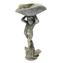 Georgian lead garden birdbath, in the form of a young boy or putto standing on snail holding a basket aloft