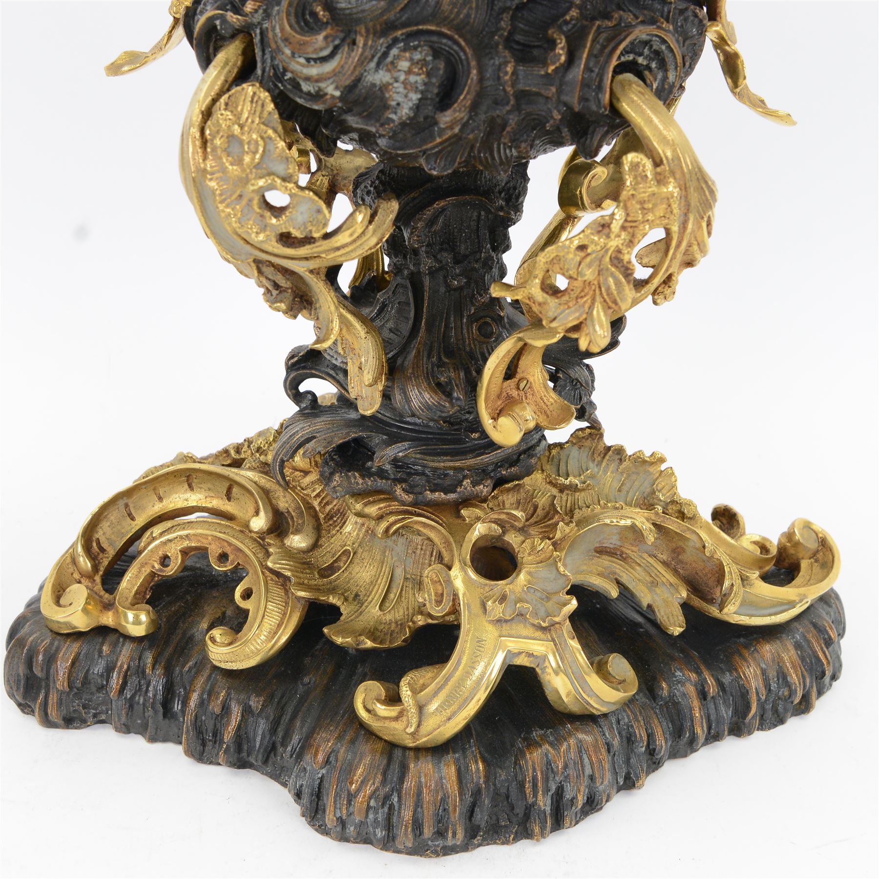 After Henry Dasson (1825-1896): large French gilt bronze urn, the body of typical form and cast with C scrolls, with twin curved gilt foliate handles detailed with birds, upon a scrolling foot, and naturalistically cast base, impressed HENRY DASSON to foot, H50.5cm W48cm