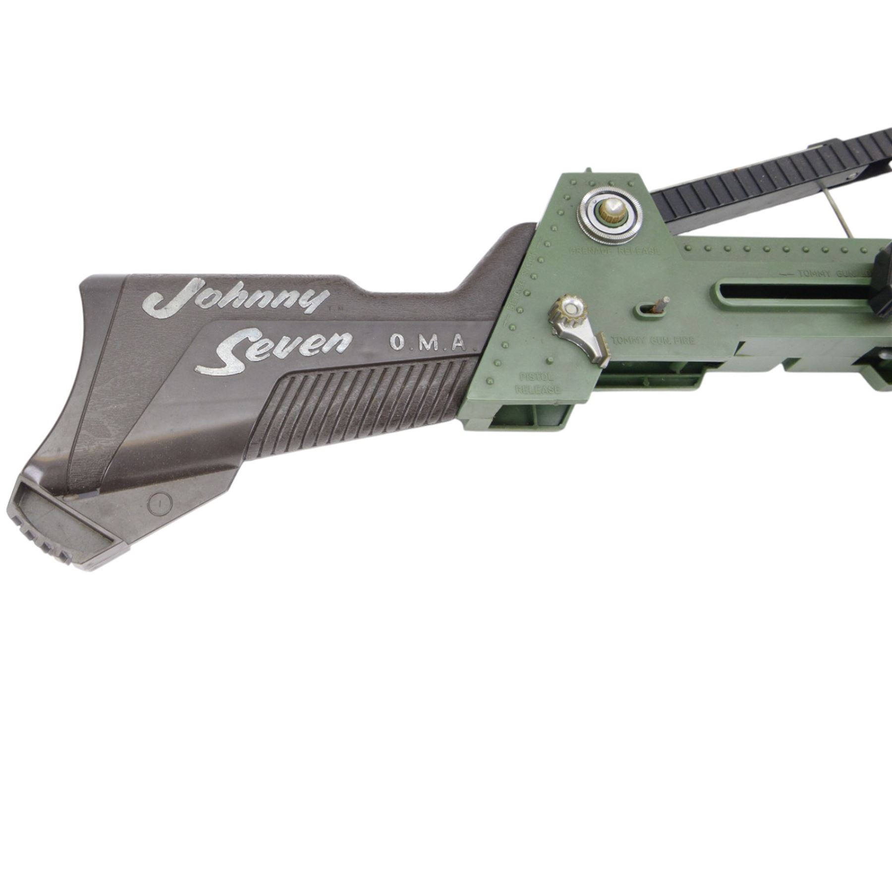 Topper Toys Johnny Seven 'OMA' One Man Army plastic gun with grenade, armour-piercing shell, anti-tank rocket and bipod, boxed