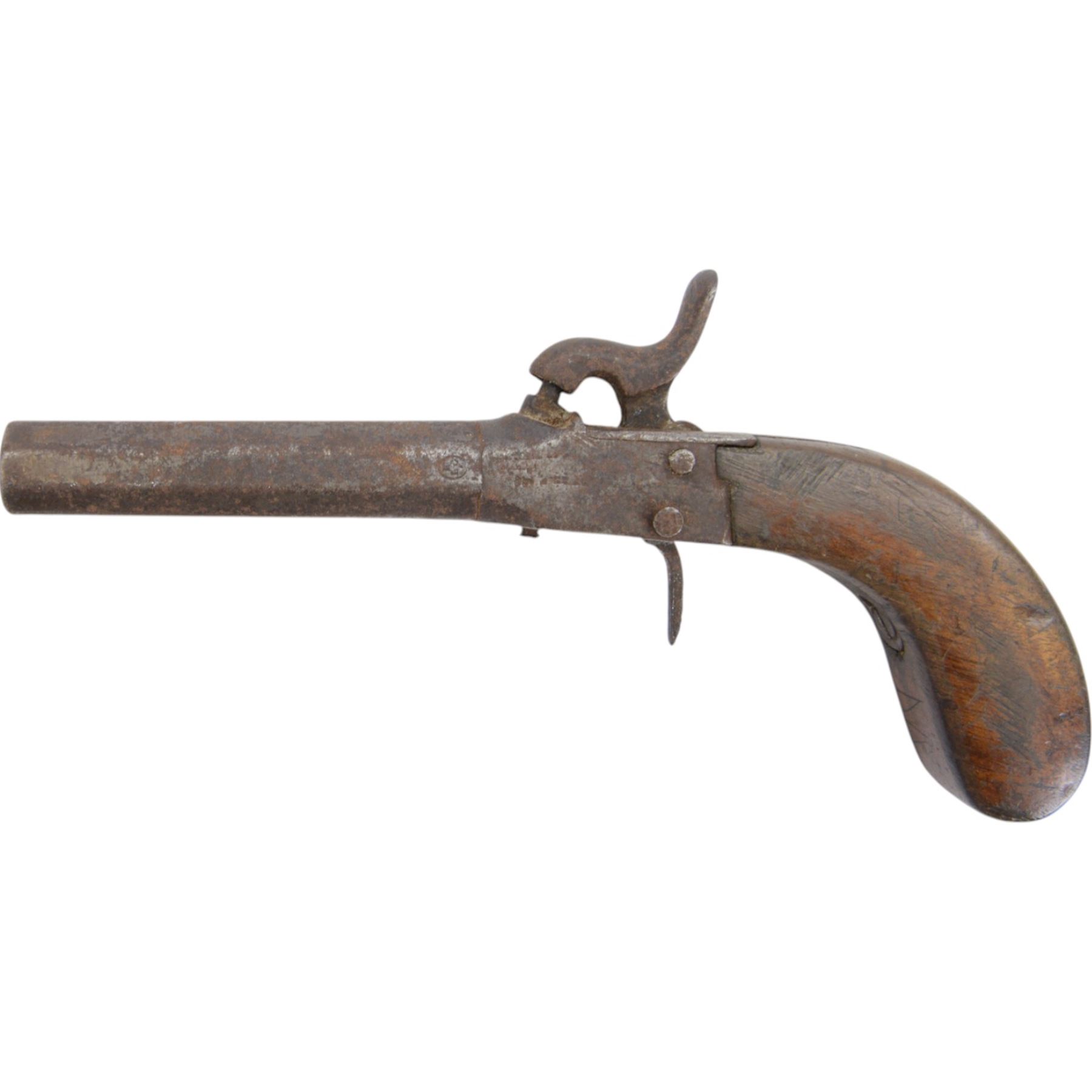 19th century percussion pistol with octagonal barrel, together with muff/ starter pistol 