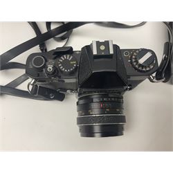 Collection of cameras and equipment, including Chinon CE camera body, with 'Auto 1:1.7 f=55mm' lens, Praktice MTL5 camera body, Praktic BMS camera body, with 'Pentacon Prakticar 1:1.8 f=50mm MC' lens etc 