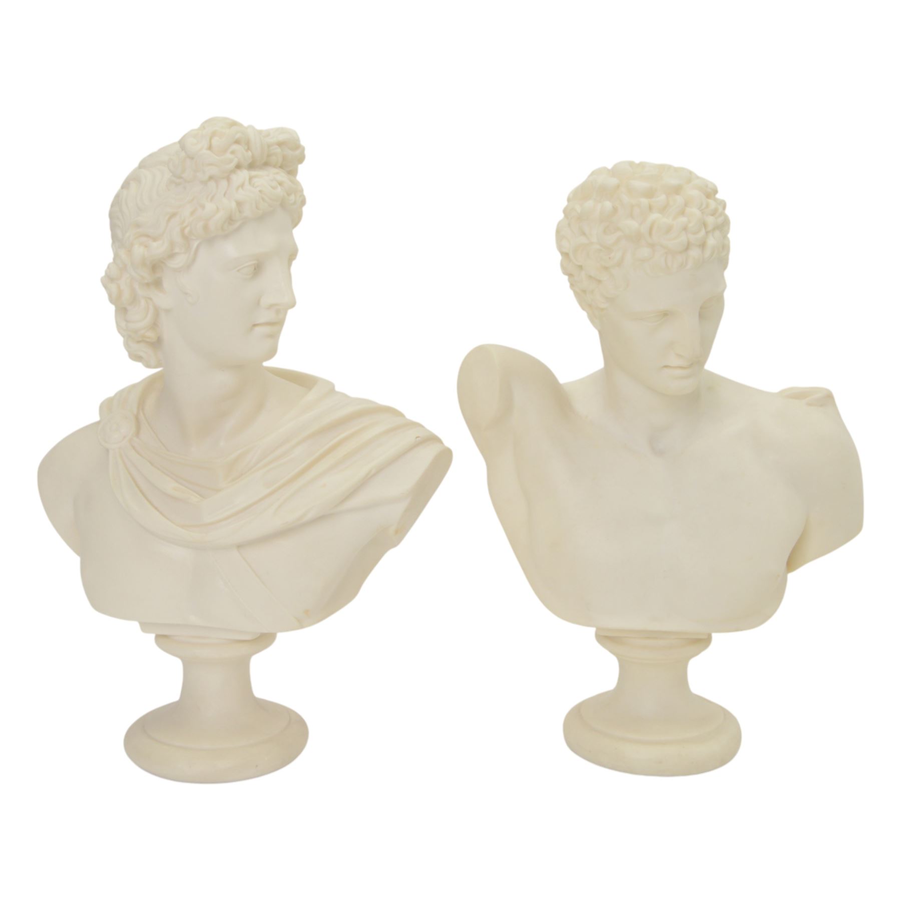 Two composite busts, the first example Apollo Belvedere, signed Diogenes, the second bust of Hermes, signed Pegasus, H32cm