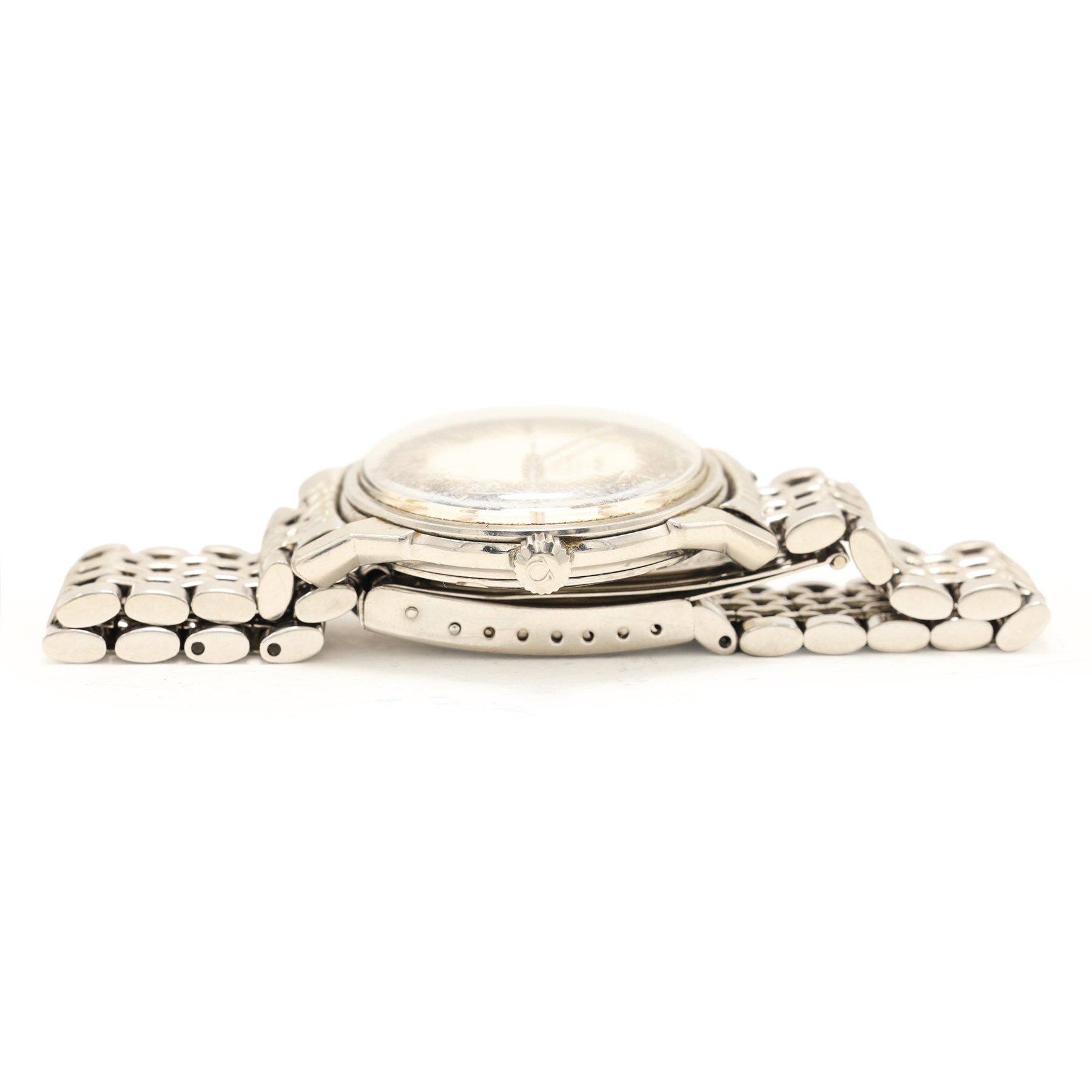 Omega Constellation gentleman's stainless steel automatic chronometer wristwatch, Cal. 551, Ref. 167.005, serial No. 21240417, silvered pie-pan dial with baton hour markers, on Omega stainless steel bracelet, with fold-over clasp