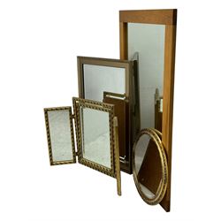 Four decorative mirrors, including gold-toned triptych dressing mirror with foliate borders, two rectangular framed mirrors and a circular gilt mirror with ornate edging