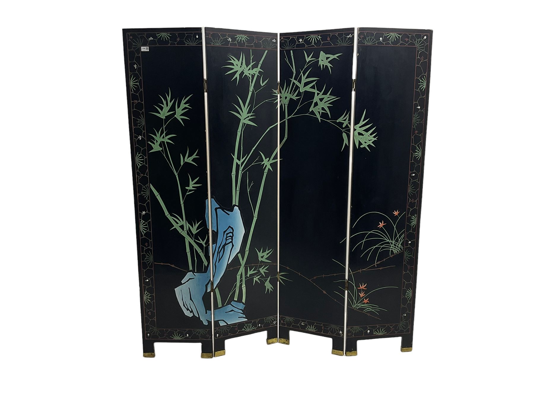 Chinese four panel folding screen, black lacquered with painted decoration