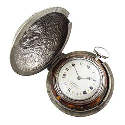 18th century silver and tortoiseshell quadruple cased verge fusee pocket watch by Graham, London, square baluster pillars, pierced and engraved balance cock, signed white enamel dial with Roman numerals and Fleur de Lys decoration, tortoiseshell third outer case with pique work to the borders, in a fitted later white metal fourth case
