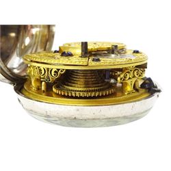 George III silver and gilt metal triple cased verge fusee pocket watch, for the Turkish market by Markwick Markham Borrell, London, No. 23209, ornate classical design pillars, pierced and engraved foliate balance cock, white enamel dial with Turkish numerals, bull's eye glass, the silver cases by James Richards, London 1804, the silver and gilt outer case decorated with green shagreen