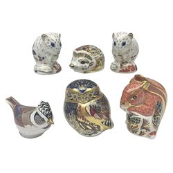 Six Royal Crown Derby paperweights, to include, Red Squirrel, Little Owl, Bramble Hedgehog, etc, all with gold stopper, printed mark beneath and original box