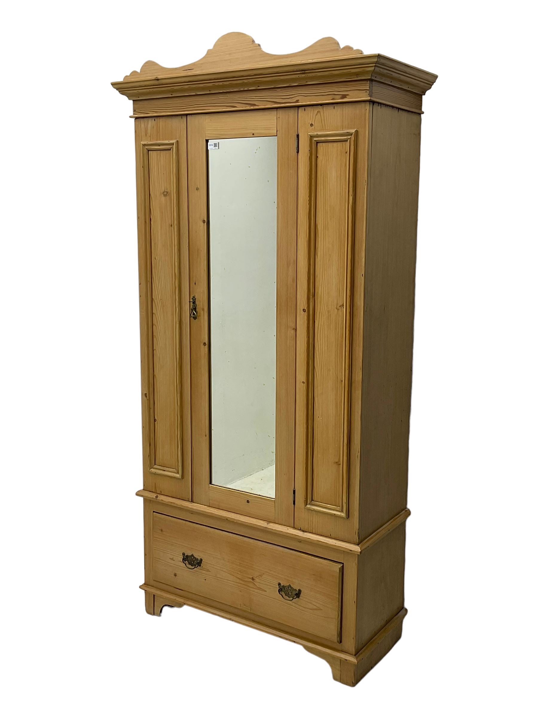 Edwardian pine single wardrobe, with mirror door and drawer to base
