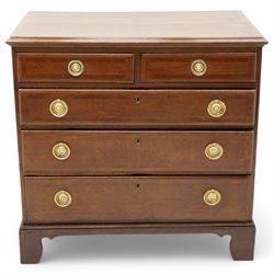 George III oak and mahogany banded chest, moulded rectangular top over two short and three...