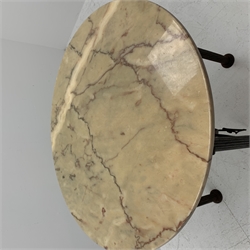 Architectural table, circular marble top on wrought metal base, cluster column supports connected by armillary sundial, D80cm, H78cm