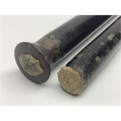 Two ebonised walking sticks, one with 'Leeds City Police' embossed top, tallest H92cm