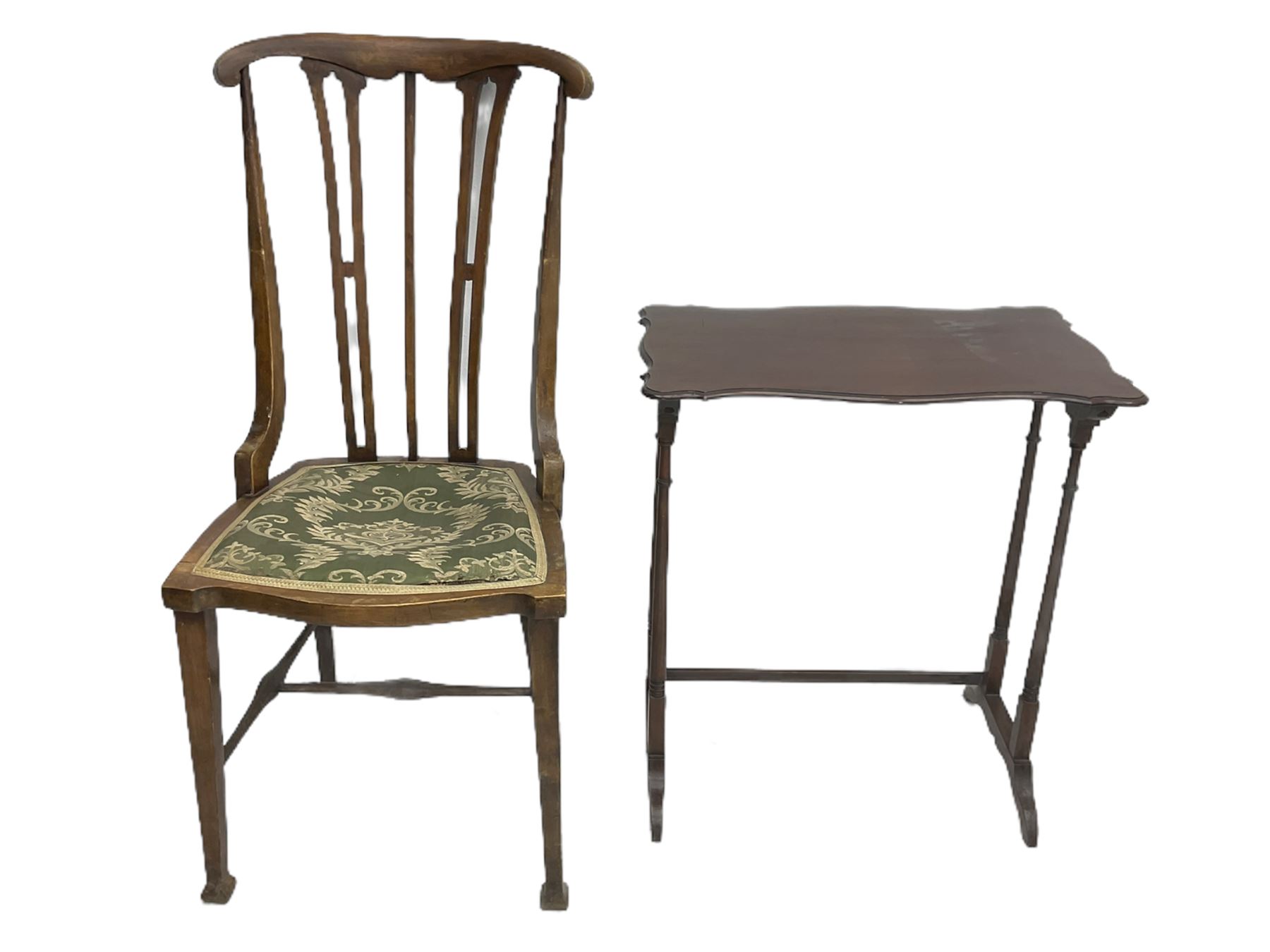 Edwardian corner chair, sewing box, nest of tables, two chairs, luggage stand, stool, drop leaf table and occasional table
