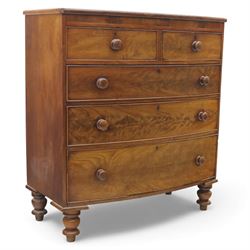 19th century mahogany bow-front chest, with two short over three long graduated drawers, f...