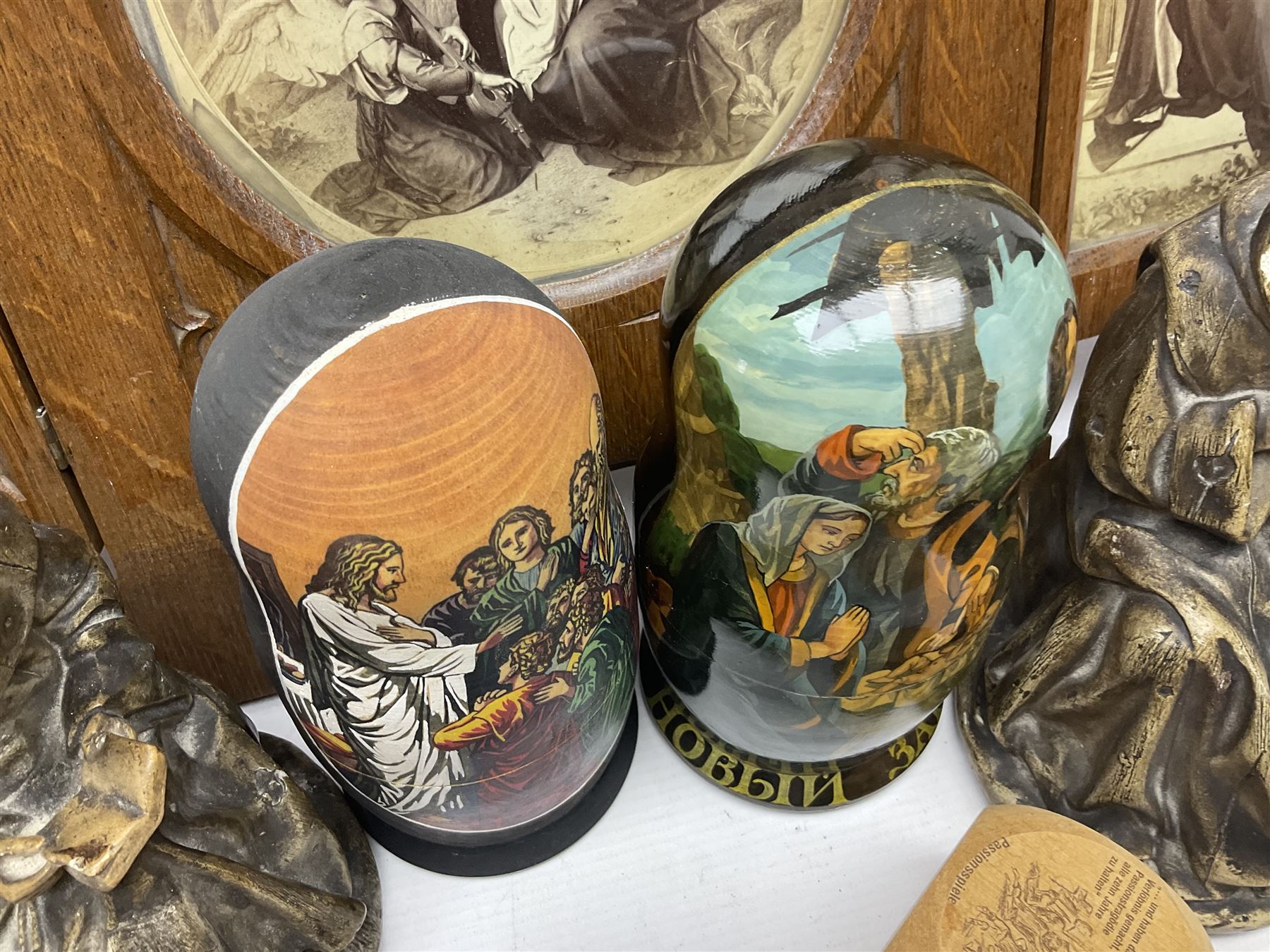 Franklin Mint House of Faberge 'The Nativity' ceramic egg, together with a Russian doll decorated with nativity scenes, Cinque Ports Pottery monk salt and pepper shaker and other monk figures, etc