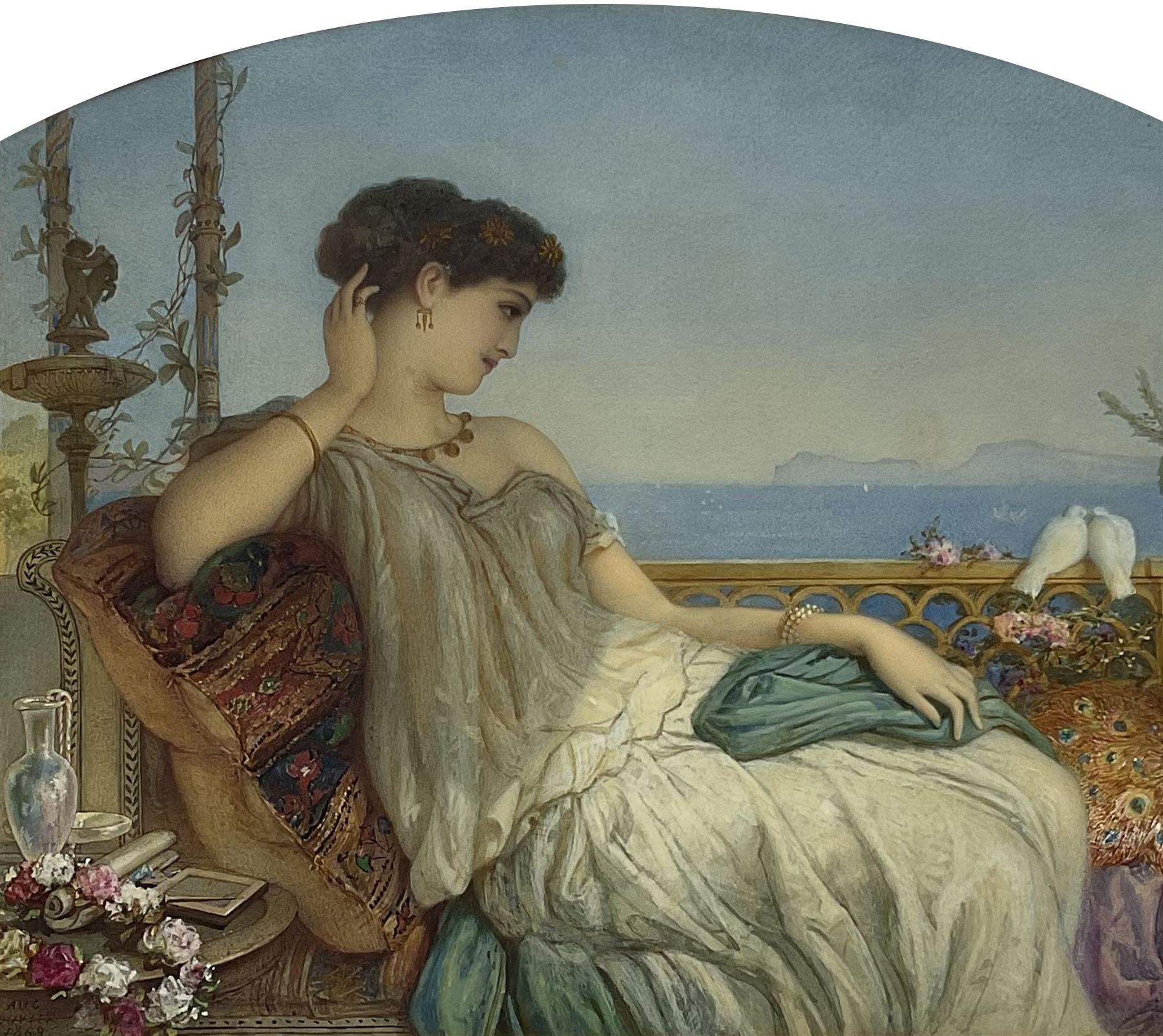 Augustus Jules Bouvier (British 1825-1881):Young Lady with Love Birds on a Mediterranean Balcony, watercolour signed and dated 1869, 39cm x 47cm