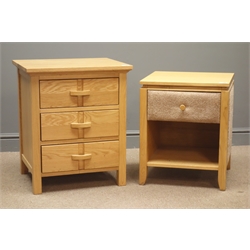  Oak chest, three drawers, stile supports (W54cm, H64cm, D44cm), and similar oak and upholstered lamp table with single drawer  