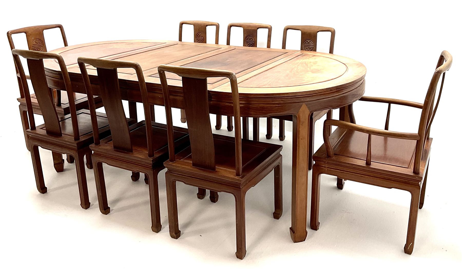 Hong Kong rosewood circular extending dining table with two leaves (W211cm, H79cm, D112cm) and set eight (6+2) dining chairs (W58cm)