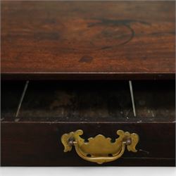 George III stained mahogany side table, rectangular top with aged finish, fitted drawer with brass swing handle on square legs