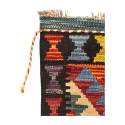 Afghan Maimana flatweave Kilim rug, the field decorated with multi-coloured diamond motifs in a stepped formation, framed by a bold hourglass border,