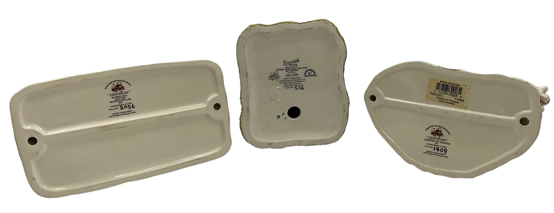 Two Royal Doulton Rupert Bear figure groups, comprising Rupert, Bill and the Mysterious Car RB11 and Temped to Trespass RB5, together with Rupert Bear and Algy Pud