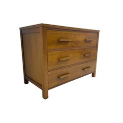 Large contemporary cherry wood chest, fitted with three drawers, raised on square feet