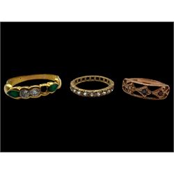 18ct gold stone set ring, 9ct rose gold ring and a 9ct paste set eternity ring