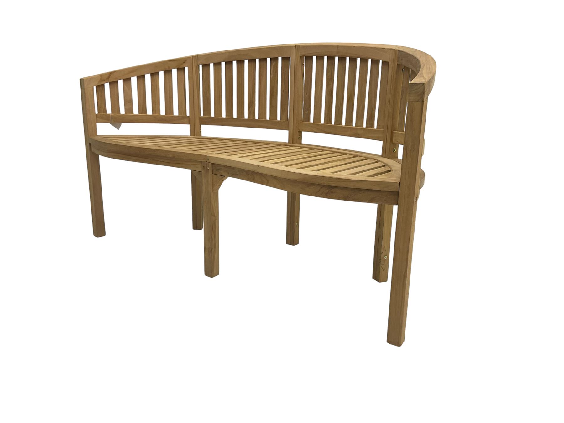 Solid teak garden bench, curved back and serpentine slatted seat