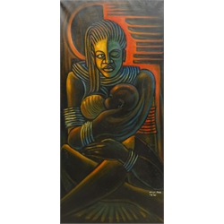  Fred Kakinda Kizito (Ugandan 1965-): 'Motherly Protection', oil on canvas signed and dated '96, titled verso 89cm x 44cm  DDS - Artist's resale rights may apply to this lot   
