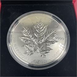 Royal Canadian Mint 2013 '25th Anniversary Maple Leaf' five ounce fine silver coin, cased with certificate