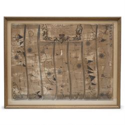 John Ogilby (British 1600-1676): 'The Road from Ferrybridge to Boroughbridge Continued to Barnard Castle', 17th century engraved strip map with hand colouring 35cm x 46cm