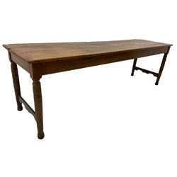 20th century oak dining table, narrow boarded top on turned supports joined by single shaped stretchers 