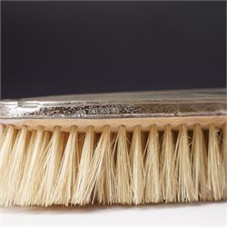 Five piece silver backed dressing table set Birmingham 1929 Maker Deakin & Francis Ltd and a Victorian glass globe scent flask with screw off silver cover  