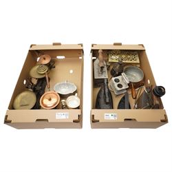 Max Elb, Dresden patent charcoal box iron, two others, flat iron, kitchen scales and weights etc