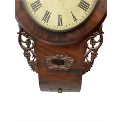 English - 19th century 8-day Fusee wall clock in a mahogany case, with a plain veneered dial surround, carved ear pieces and pendulum viewing glass with a curved base and pendulum regulation door, 12