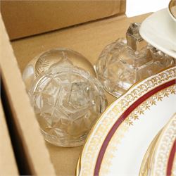 Quantity of Royal Worcester regency pattern dinnerware, oriental lacquered nest of boxes, and other items in two boxes