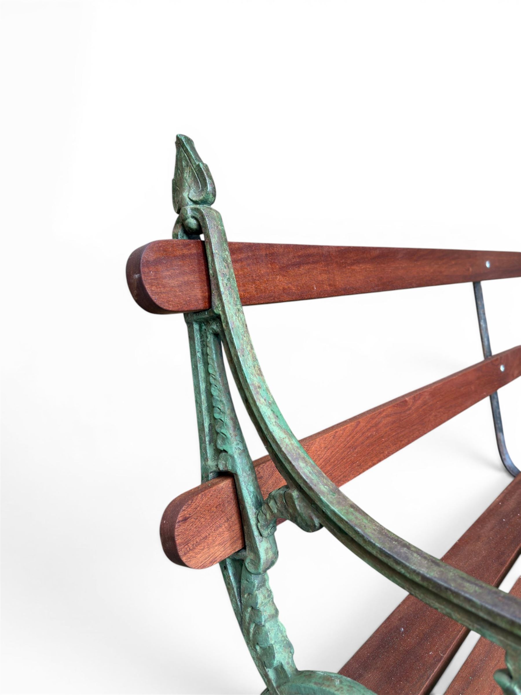 Coalbrookdale - Lily Pad design cast iron an wood slatted garden bench, late 19th century Aesthetic Movement, no. 217569, distressed green paint, iron centre support and seat stretcher, hardwood slatted