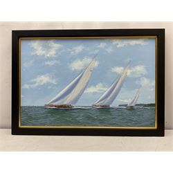 George Drury (British 1950-): 'J Cass Yachts passing the Squadron', oil on artist's board signed 47cm x 73cm