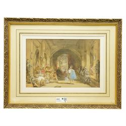 Circle of George Cattermole (British 1800-1868): The Lord's Entrance and Knights at Rest by Sarcophagus, two watercolours signed; (Henry William Lowe) Hurst (British 1865-1938): 'Old Cronies', watercolour signed max 27cm x 42cm (3)