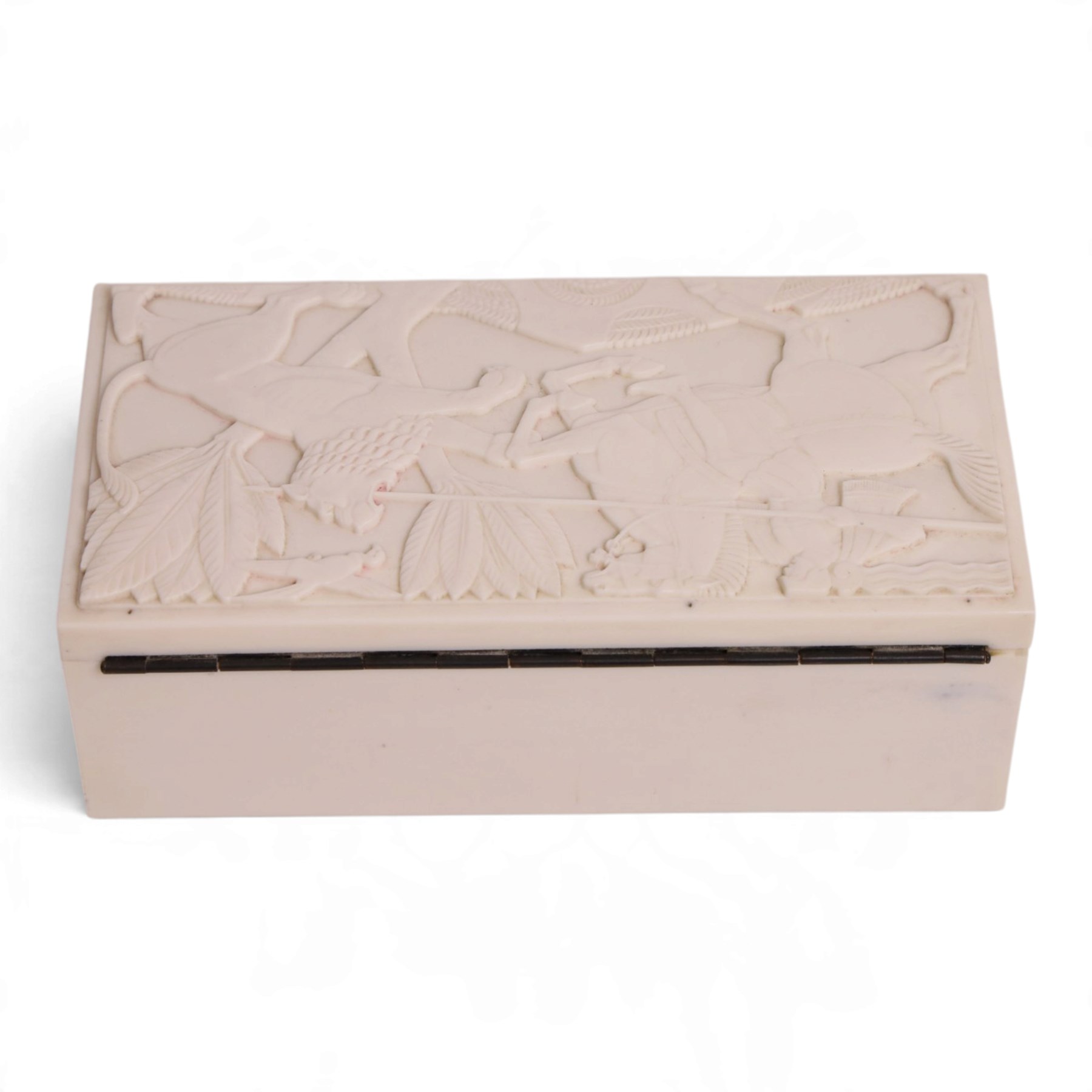 ELO Ware - Art Deco white Bakelite cigarette box, circa 1930's, the hinged lid decorated in low relief with mounted Horseback soldier spearing a lion, H6cm, L17cm